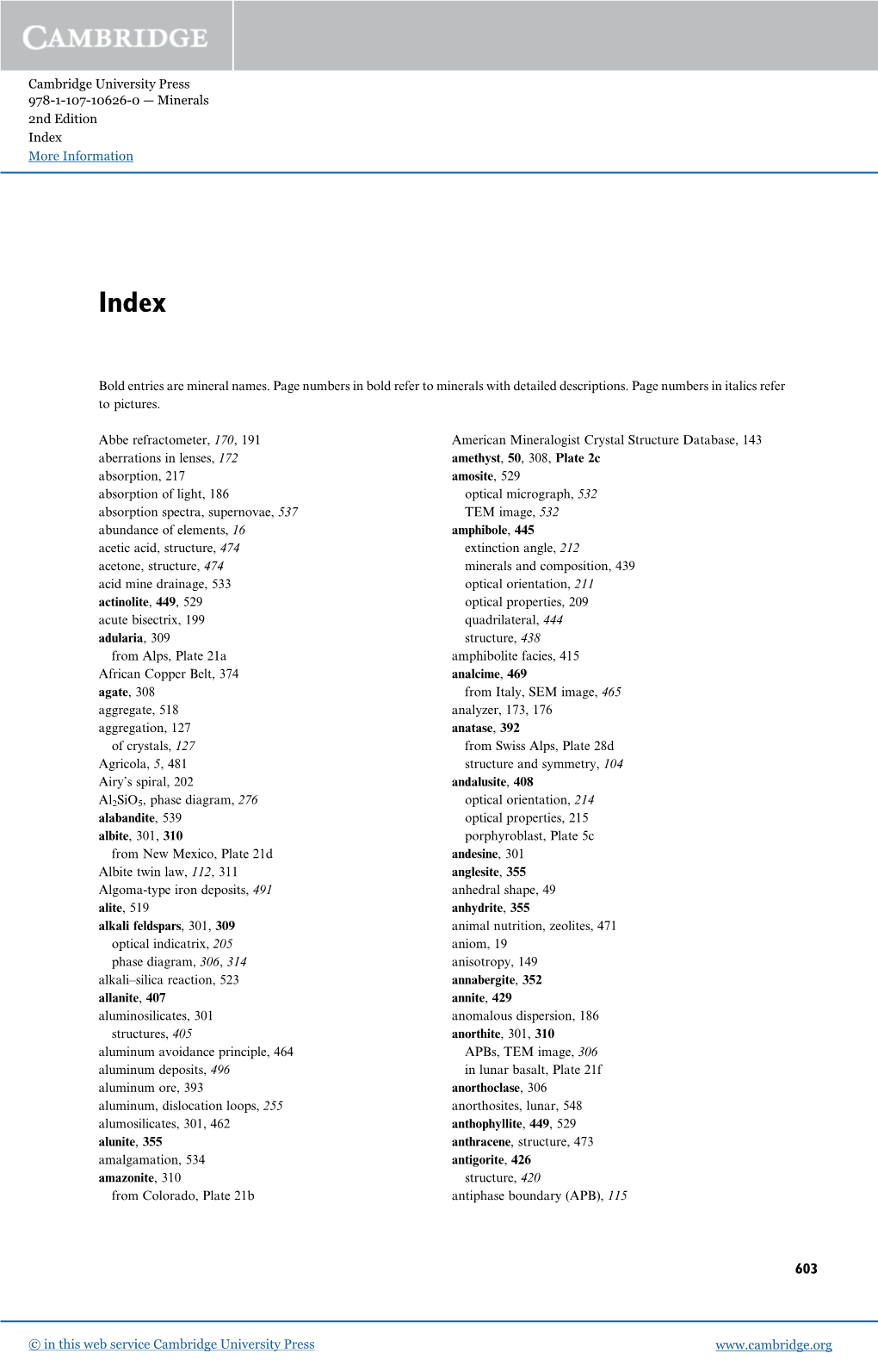 Cambridge University Press 978-1-107-10626-0 — Minerals 2Nd Edition Index More Information