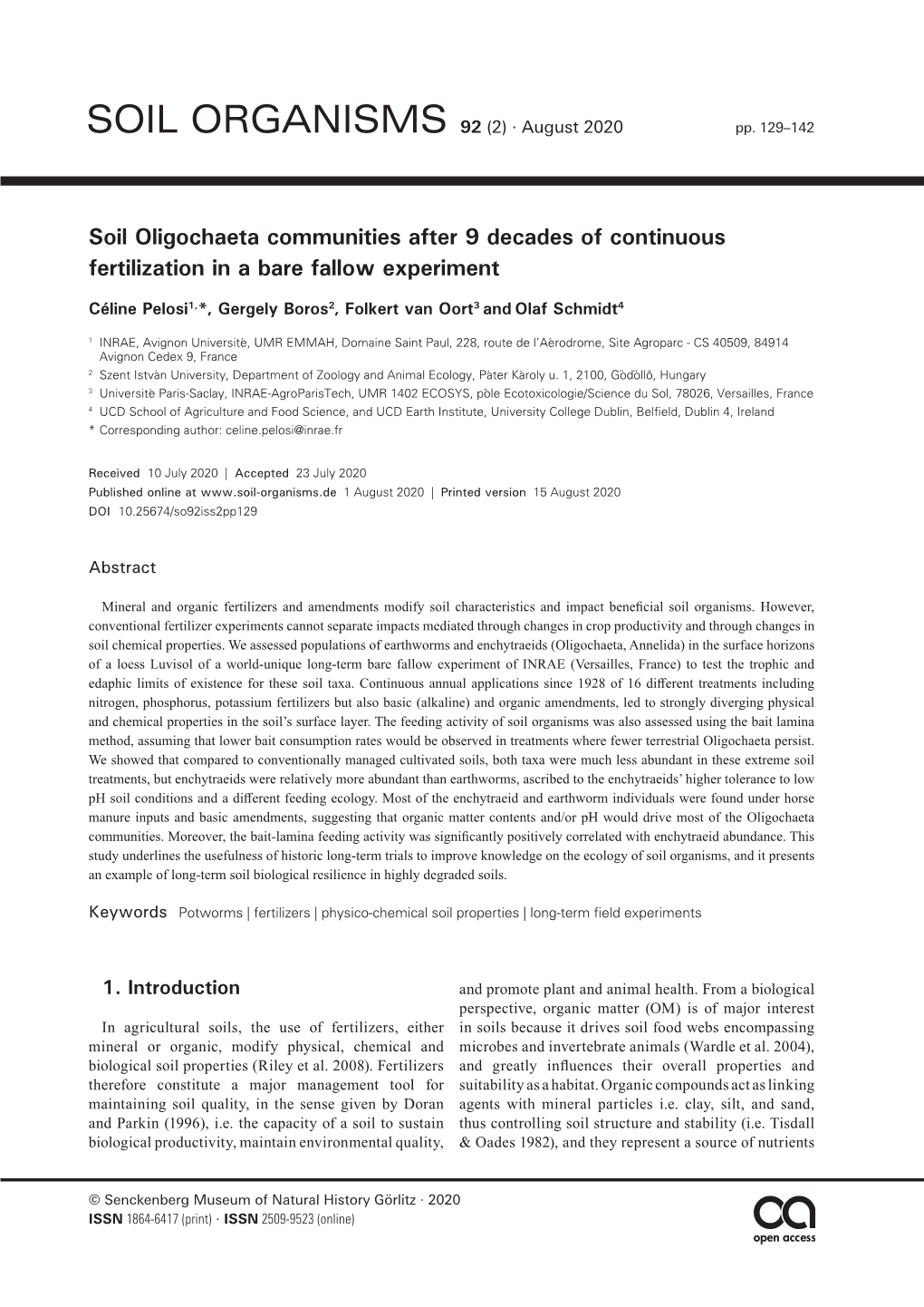 Soil Oligochaeta Communities After 9 Decades of Continuous Fertilization in a Bare Fallow Experiment