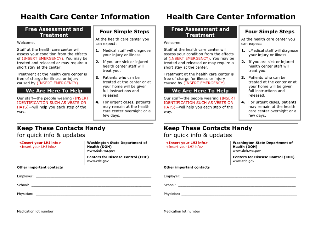 Health Care Center Information Handouts