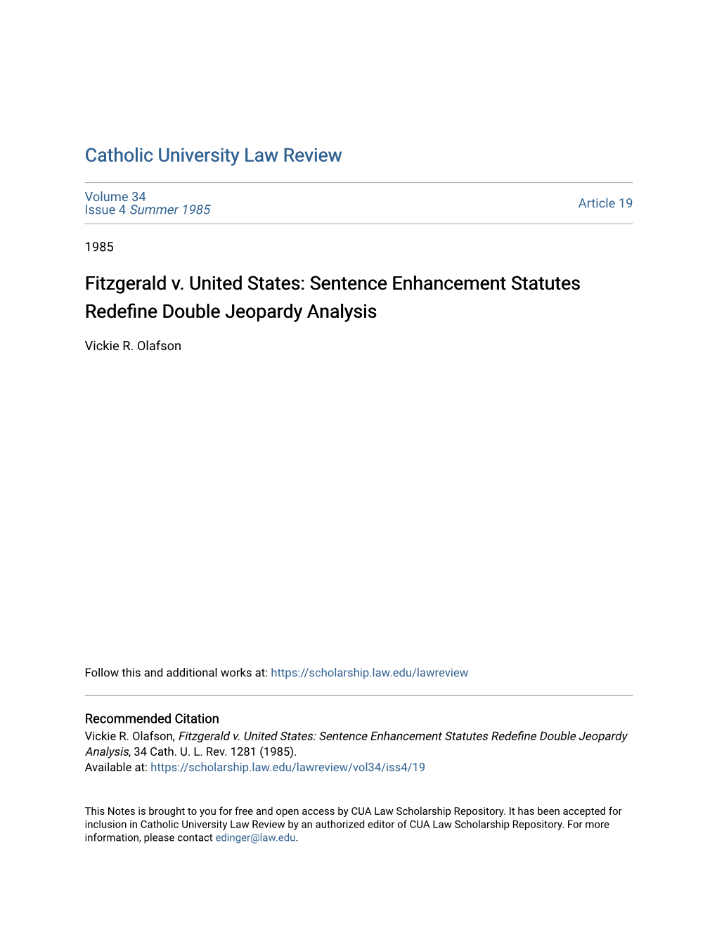 Fitzgerald V. United States: Sentence Enhancement Statutes Redefine Double Jeopardy Analysis