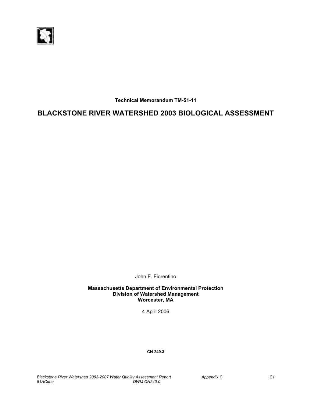 Blackstone River Watershed 2003 Biological Assessment