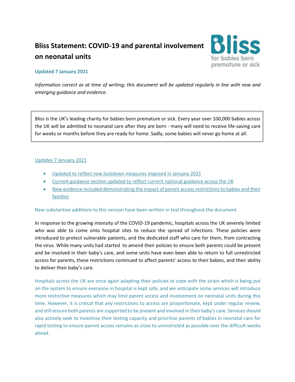 Bliss Statement: COVID-19 and Parental Involvement on Neonatal Units