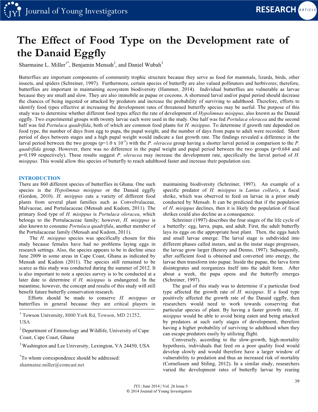 The Effect of Food Type on the Development Rate of the Danaid Eggfly Sharmaine L