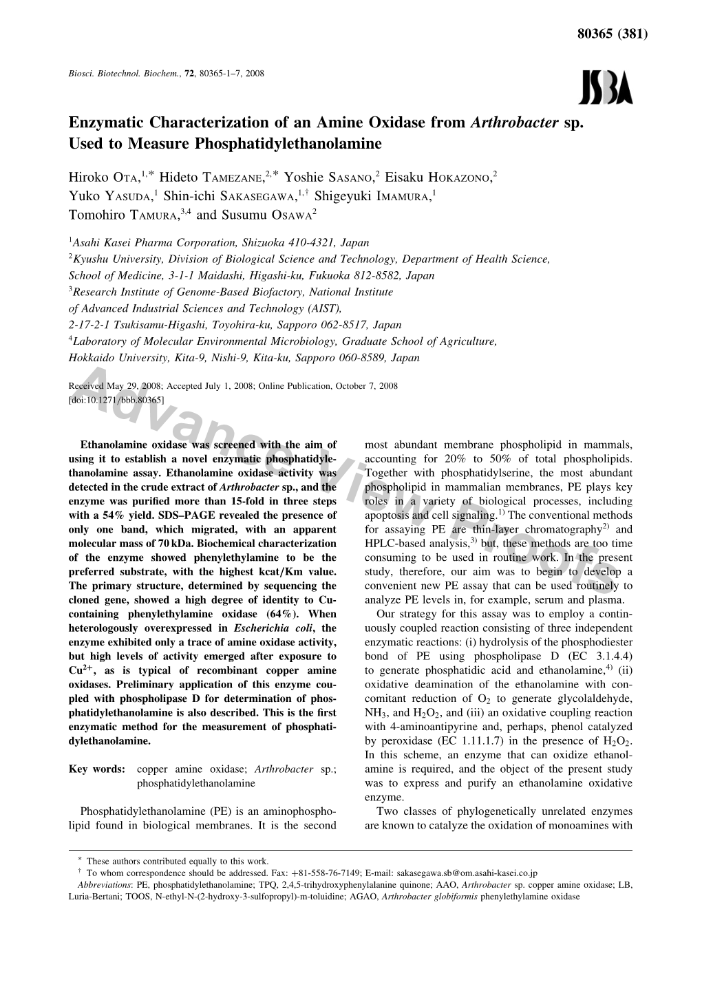 Enzymatic Characterization of an Amine Oxidase from Arthrobacter Sp