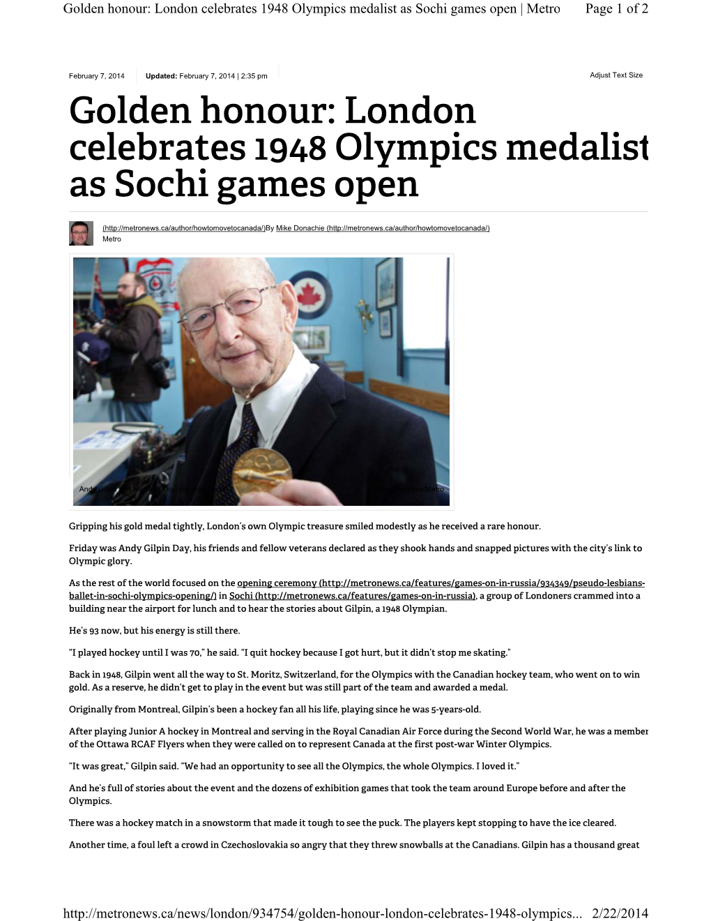 London Celebrates 1948 Olympics Medalist As Sochi Games Open | Metro Page 1 of 2