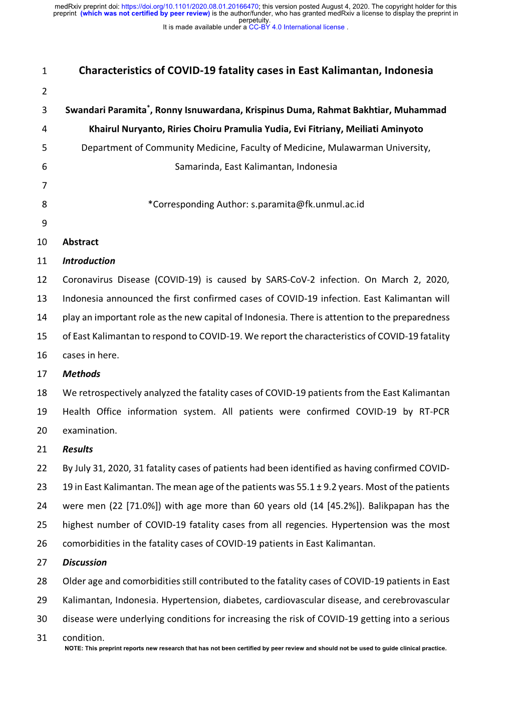 Characteristics of COVID-19 Fatality Cases in East Kalimantan, Indonesia