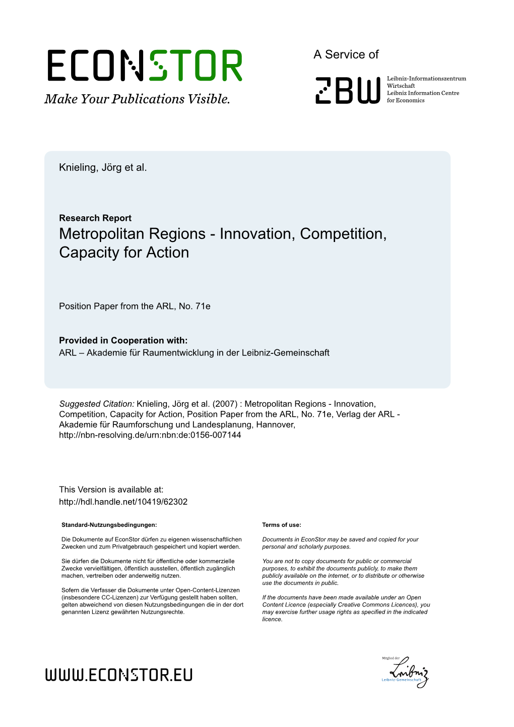 Metropolitan Regions - Innovation, Competition, Capacity for Action