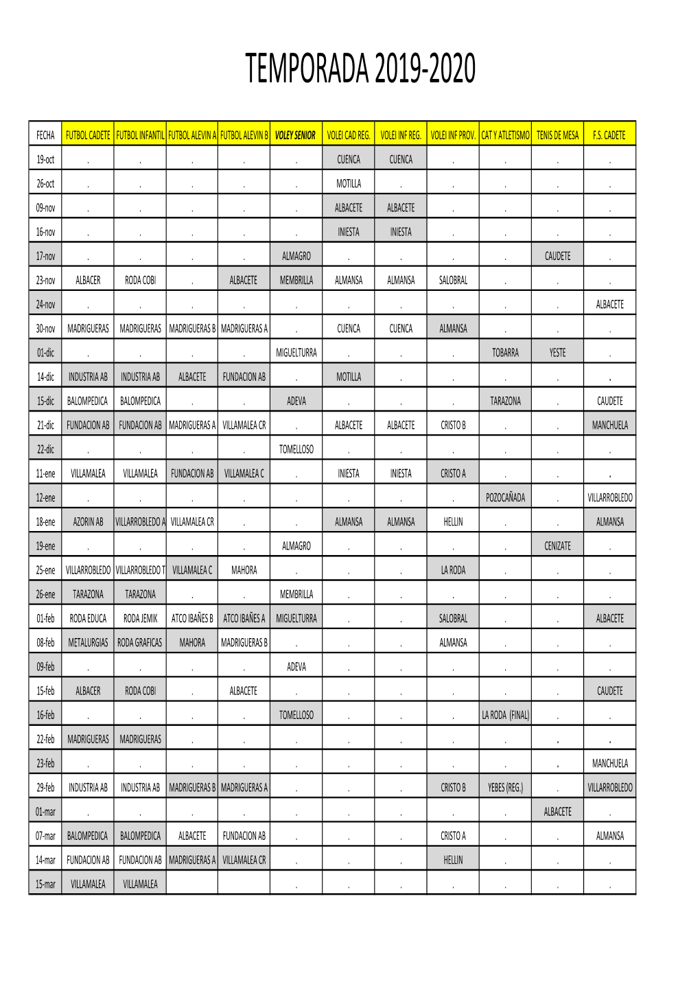 Calendario Competicion