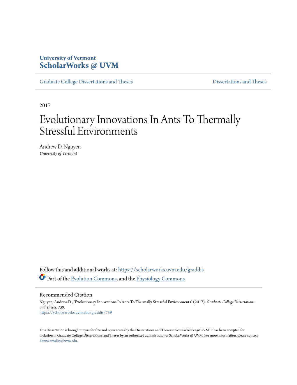 Evolutionary Innovations in Ants to Thermally Stressful Environments Andrew D