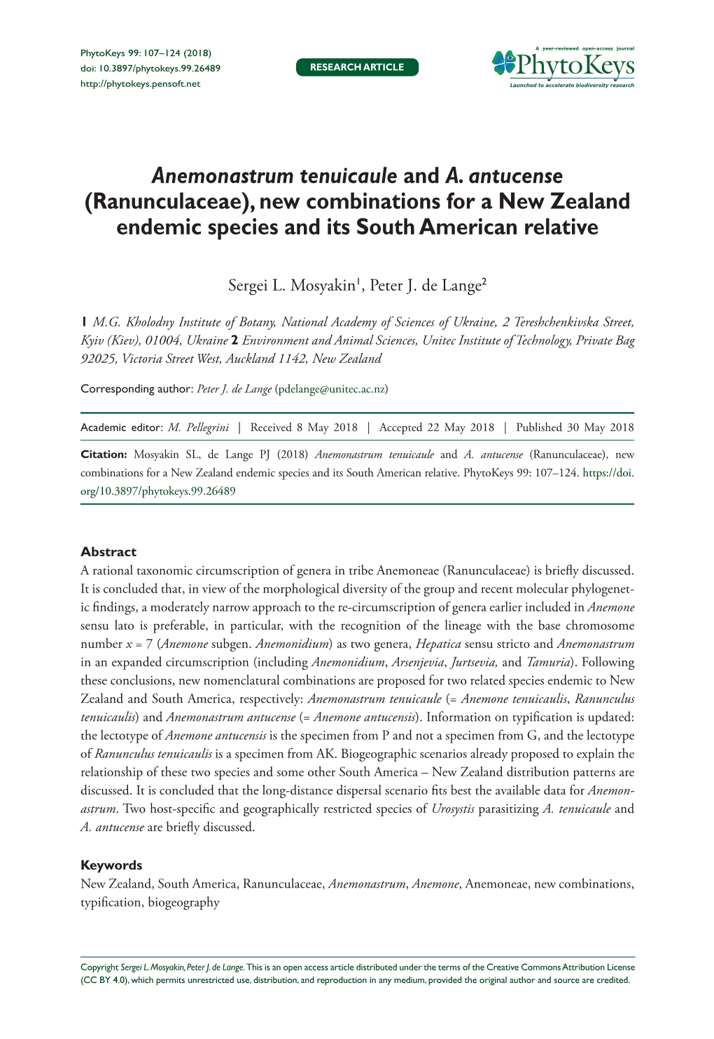 Anemonastrum Tenuicaule and A. Antucense (Ranunculaceae), New Combinations for a New Zealand Endemic Species and Its South American Relative