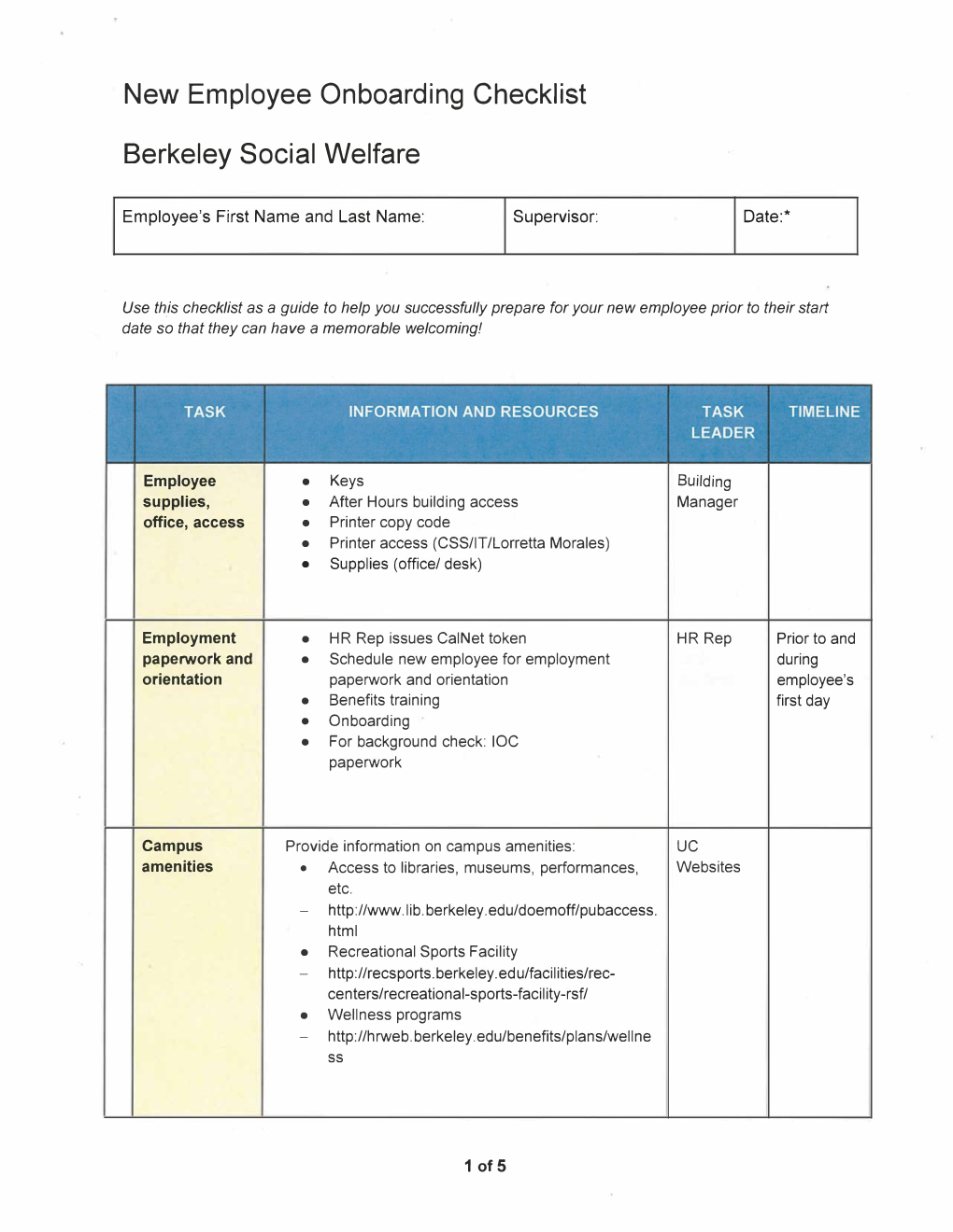 New Employee Onboarding Checklist Berkeley Social Welfare