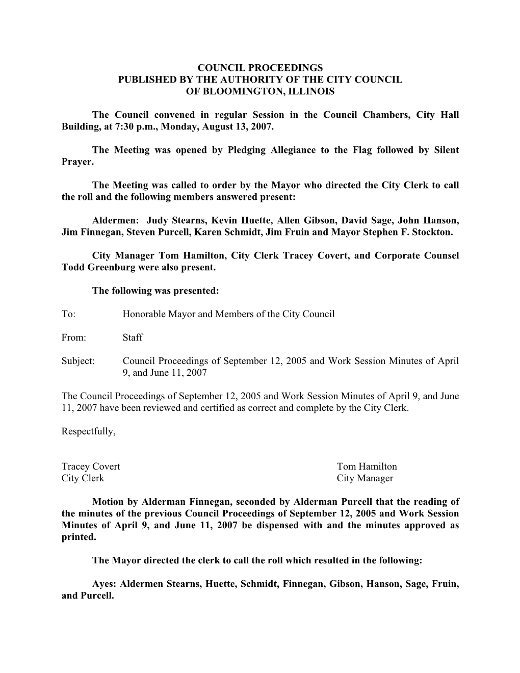City Council Proceedings for August 13, 2007