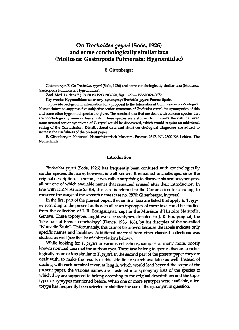 On Trochoidea Geyeri (Soos, 1926) and Some Conchologically Similar Taxa (Mollusca: Gastropoda Pulmonata: Hygromiidae)