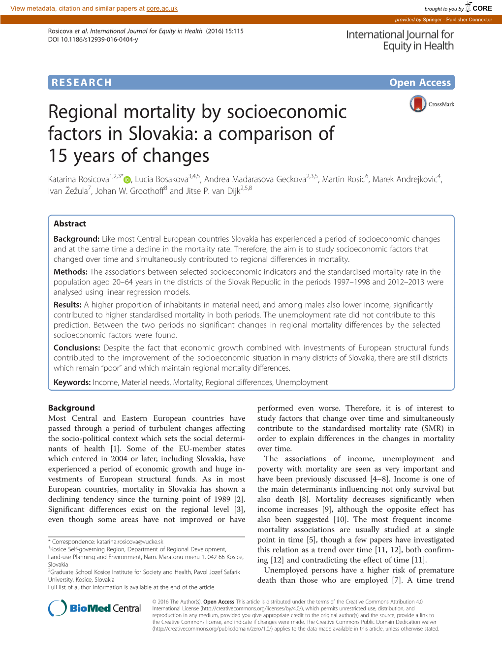 Regional Mortality by Socioeconomic Factors in Slovakia