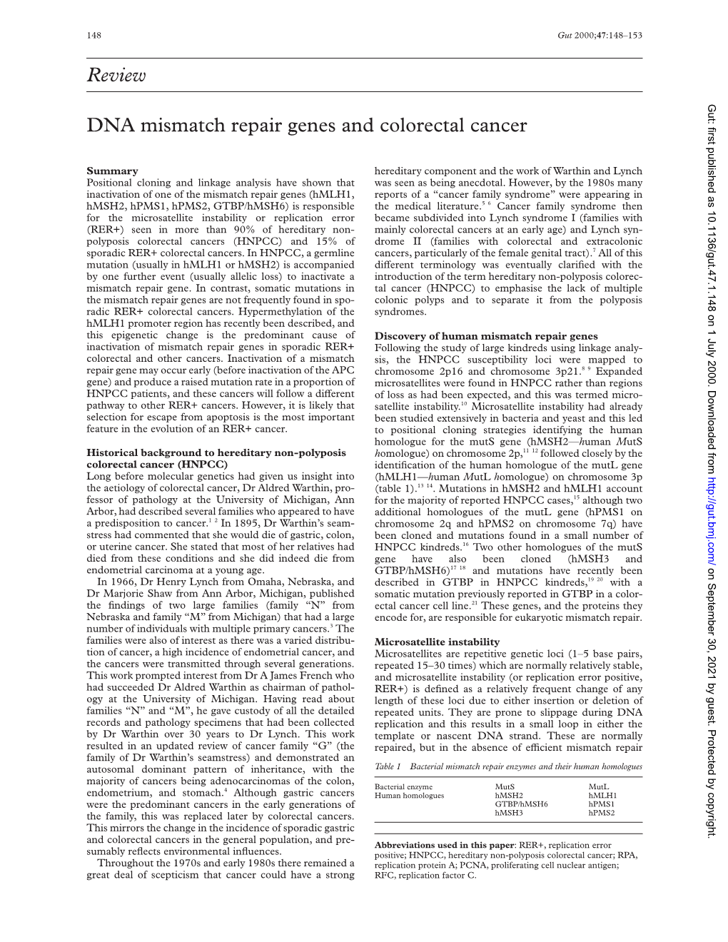 Review DNA Mismatch Repair Genes and Colorectal Cancer