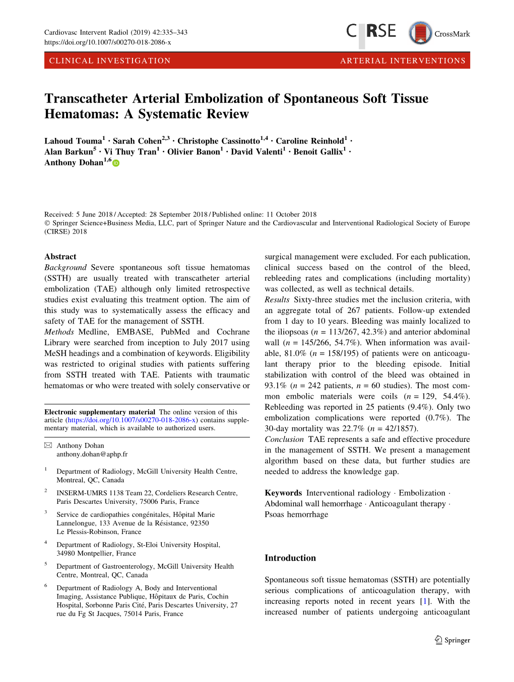 Transcatheter Arterial Embolization of Spontaneous Soft Tissue Hematomas: a Systematic Review