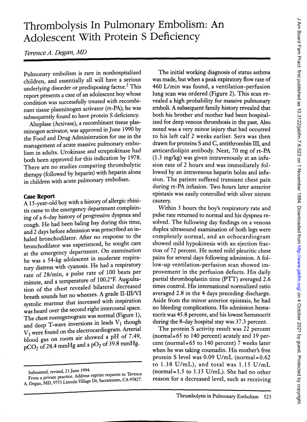 An Adolescent with Protein S Deficiency Terence A