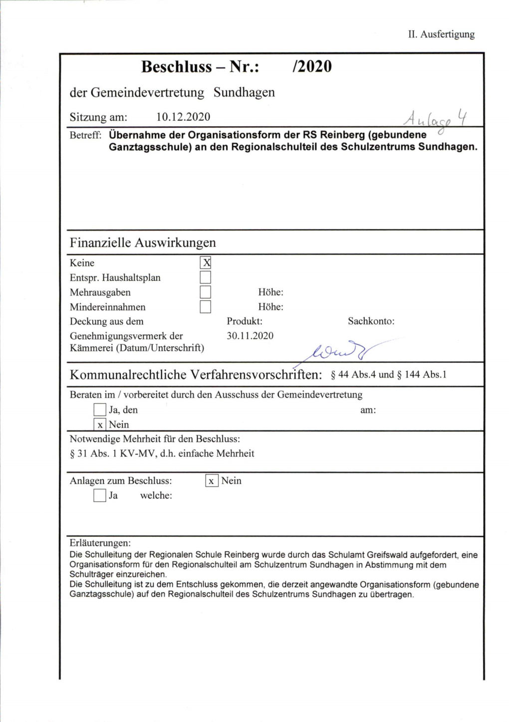 Sitzung Am: 10.12.2020 Betreff: Übernahme Der Organisationsform Der RS Reinberg (Gebundene ^ Ganztagsschule) an Den Regionalschulteil Des Schulzentrums Sundhagen