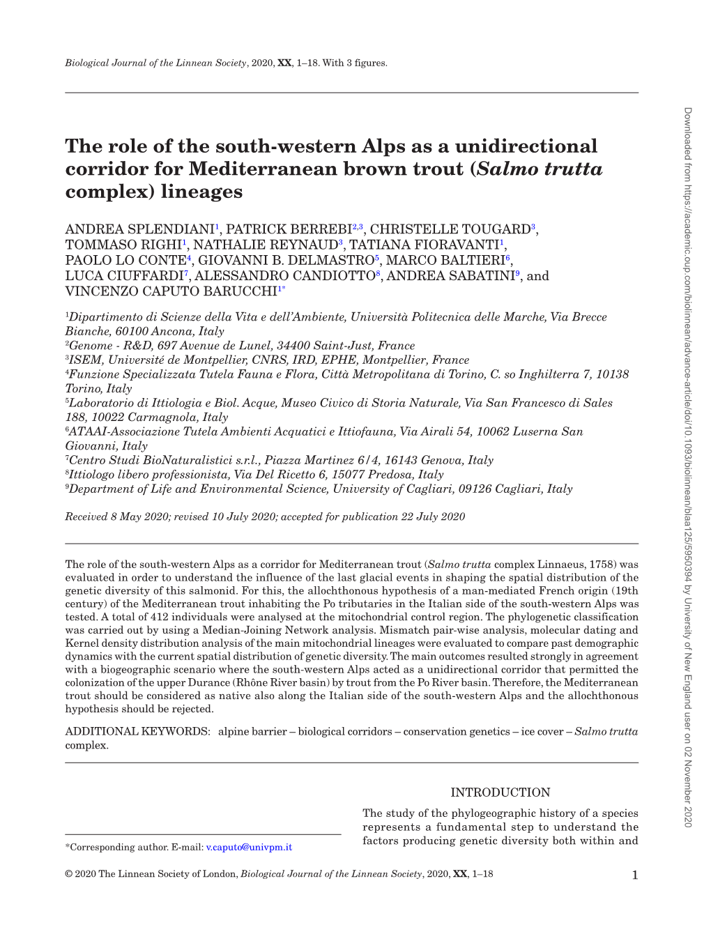 The Role of the South-Western Alps As a Unidirectional Corridor for Mediterranean Brown Trout (Salmo Trutta Complex) Lineages