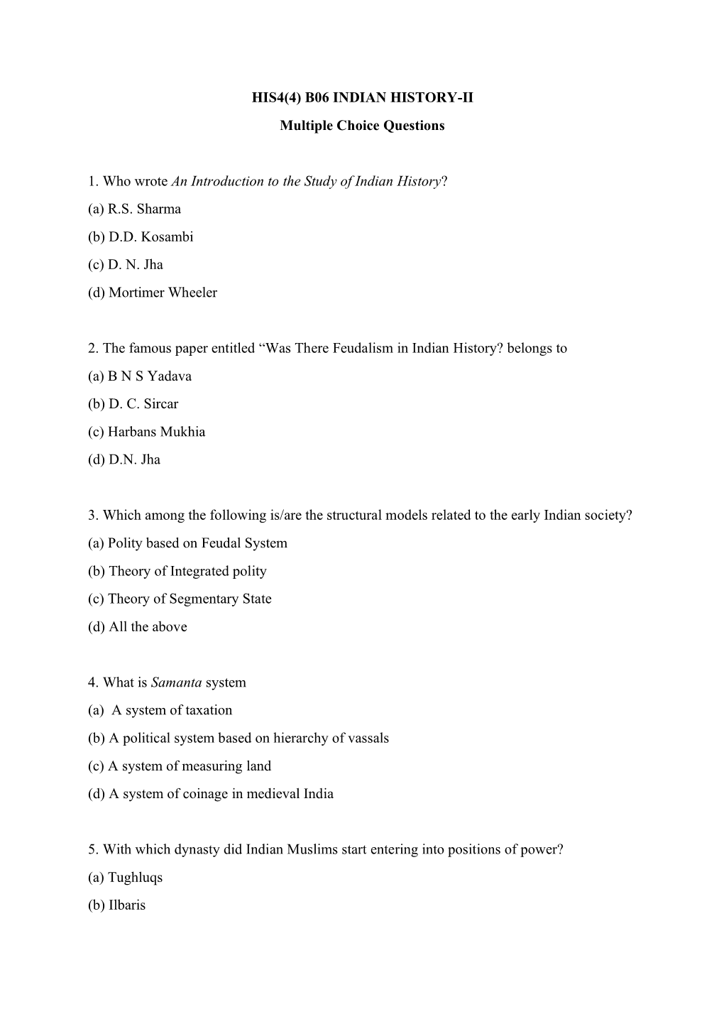 INDIAN HISTORY-II Multiple Choice Questions