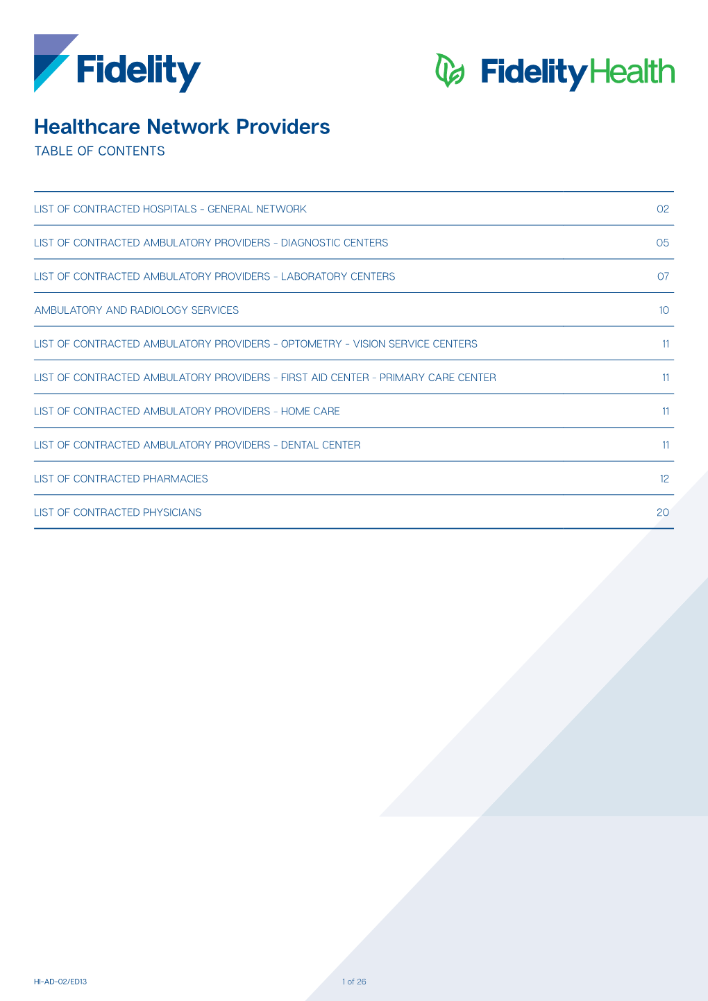 Healthcare Network Providers TABLE of CONTENTS