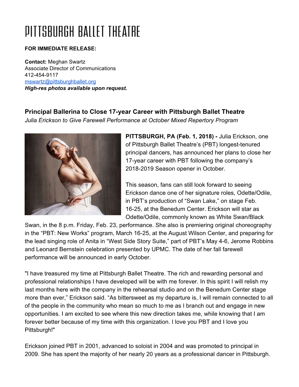 Julia Erickson to Give Farewell Performance at October Mixed Repertory Program