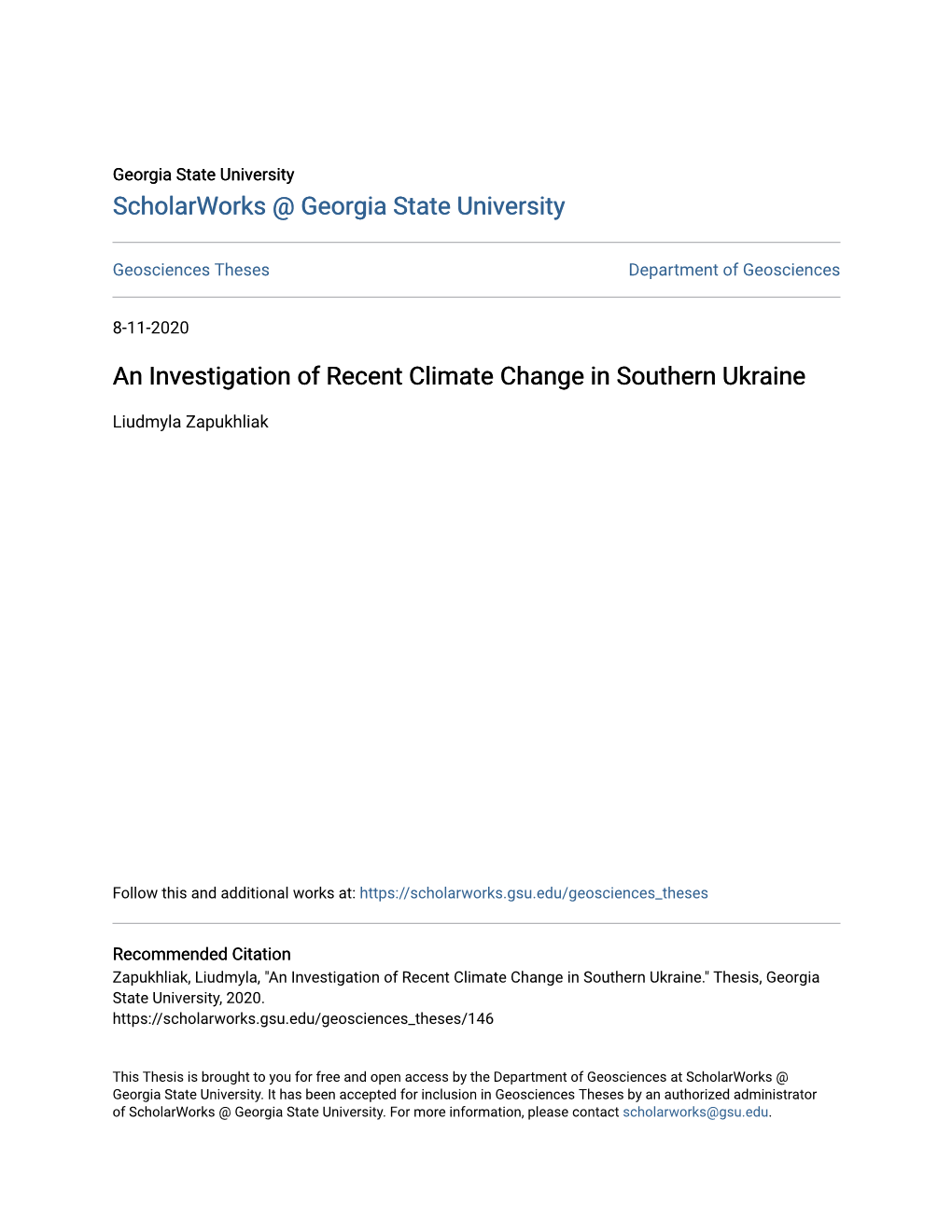 An Investigation of Recent Climate Change in Southern Ukraine