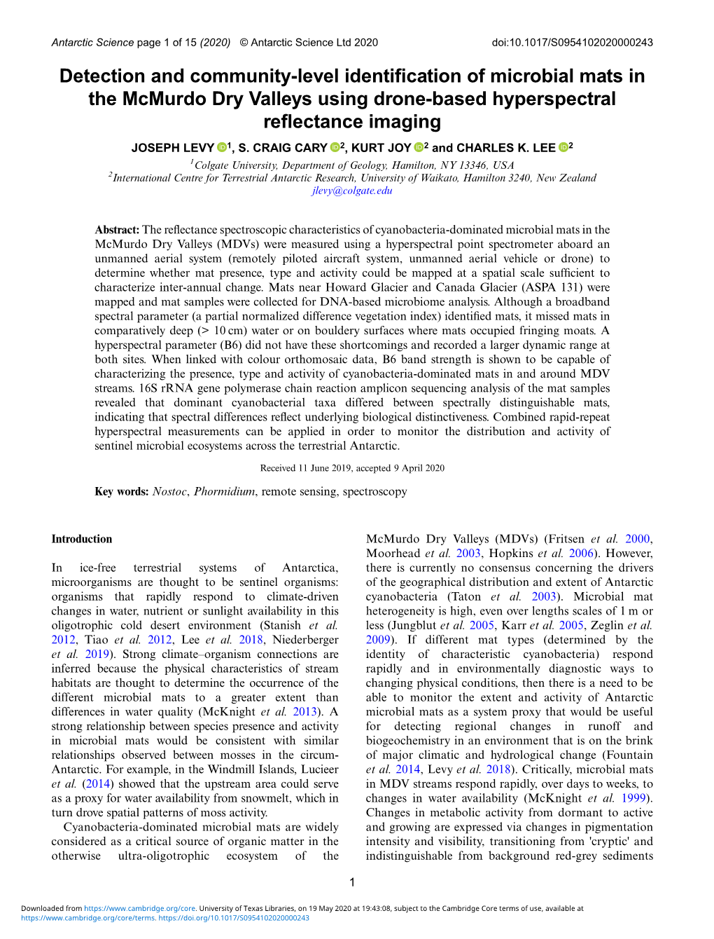 Detection and Community-Level Identification of Microbial Mats in the Mcmurdo Dry Valleys Using Drone-Based Hyperspectral Reflec