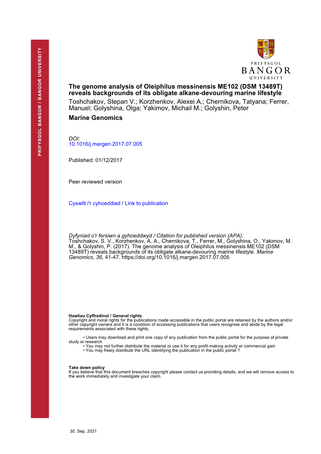 The Genome Analysis of Oleiphilus Messinensis ME102 (DSM 13489T)