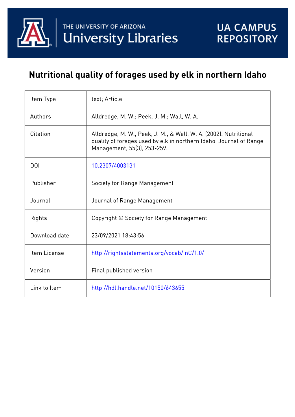 Nutritional Quality of Forages Used by Elk in Northern Idaho