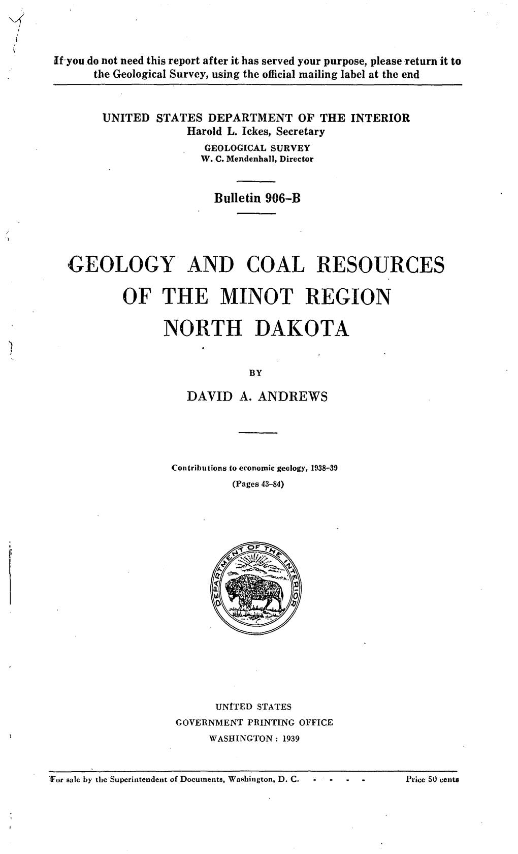 Geology and Coal Resources of the Minot Region North Dakota