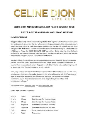 Celine Dion Announces 2018 Asia-Pacific Summer Tour
