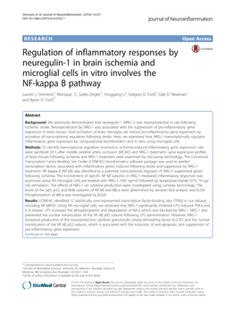 Regulation of Inflammatory Responses by Neuregulin-1 in Brain Ischemia and Microglial Cells in Vitro Involves the NF-Kappa B Pathway Lauren J