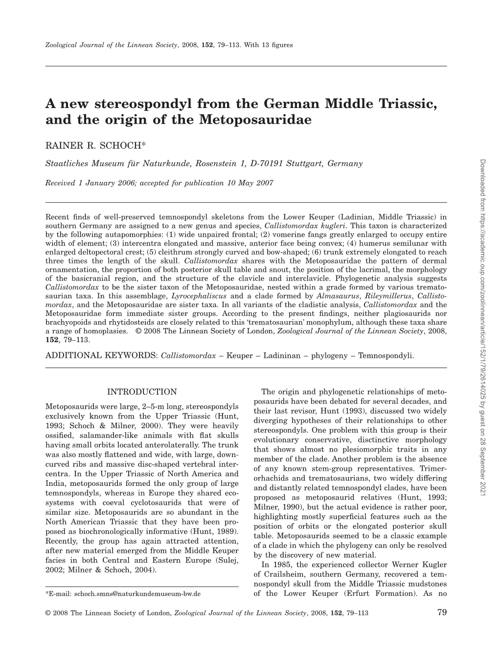 A New Stereospondyl from the German Middle Triassic, and the Origin of the Metoposauridae