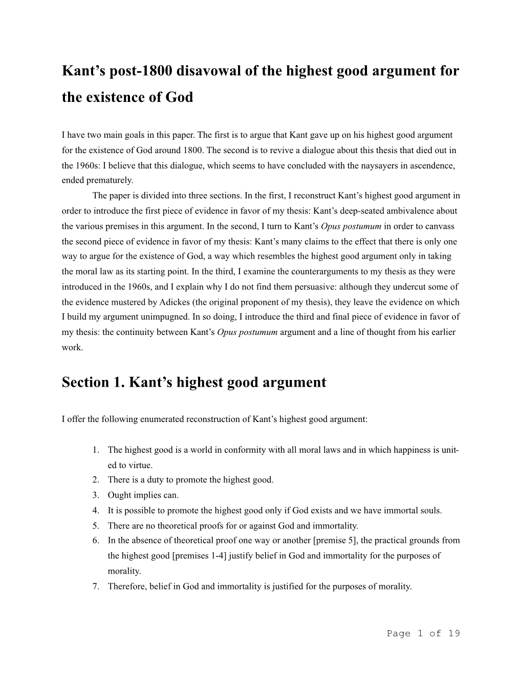 Section 2. Kant's Opus Postumum Rejection of the Highest Good