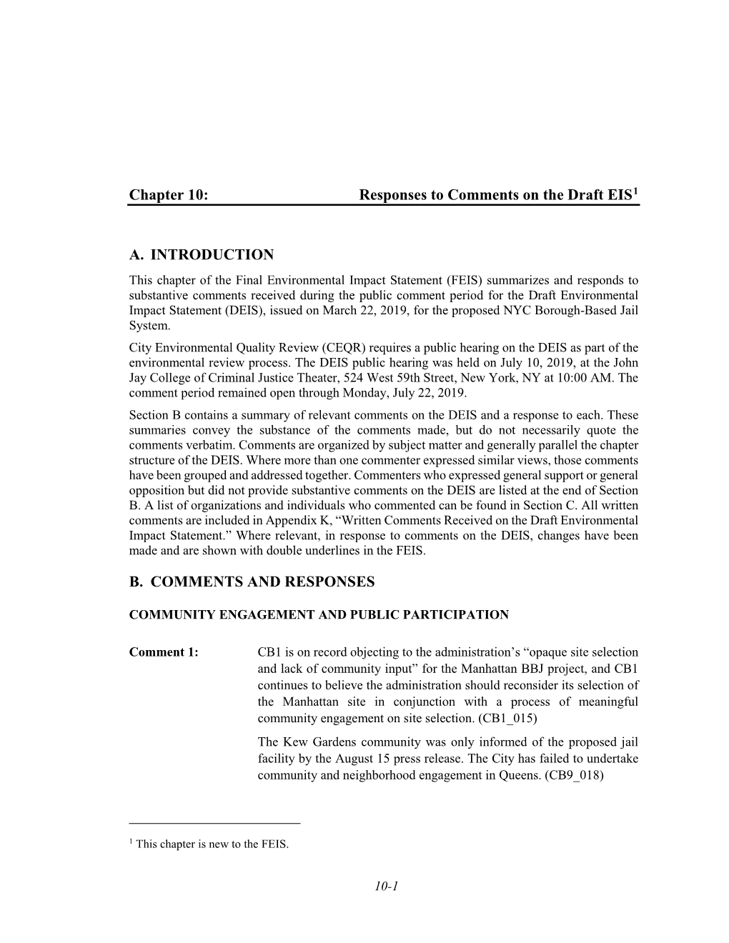 Chapter 10: Responses to Comments on the Draft EIS1 A