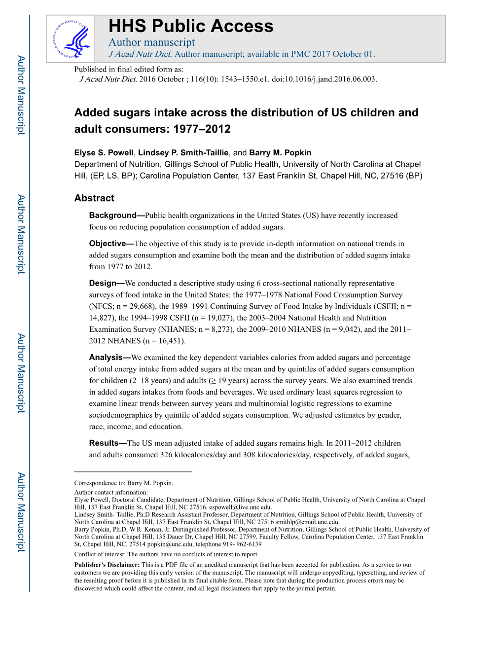 Added Sugars Intake Across the Distribution of US Children and Adult Consumers: 1977–2012