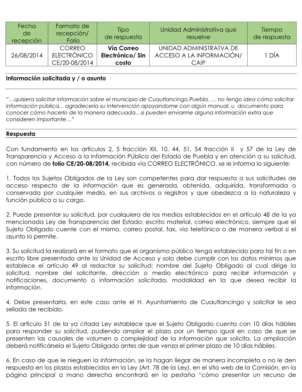 Fecha De Recepción Del Ayuntamiento De Tepeaca, Puebla Y En Contra De Quién O Quiénes Se Dictó El Procedimiento Administrativo”