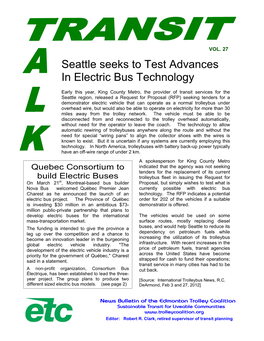 Seattle Seeks to Test Advances in Electric Bus Technology