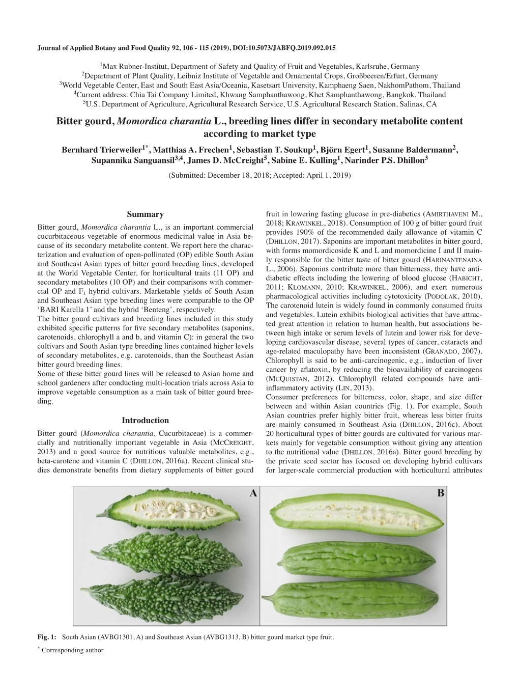 Bitter Gourd, Momordica Charantia L., Breeding Lines Differ in Secondary Metabolite Content According to Market Type Bernhard Trierweiler1*, Matthias A