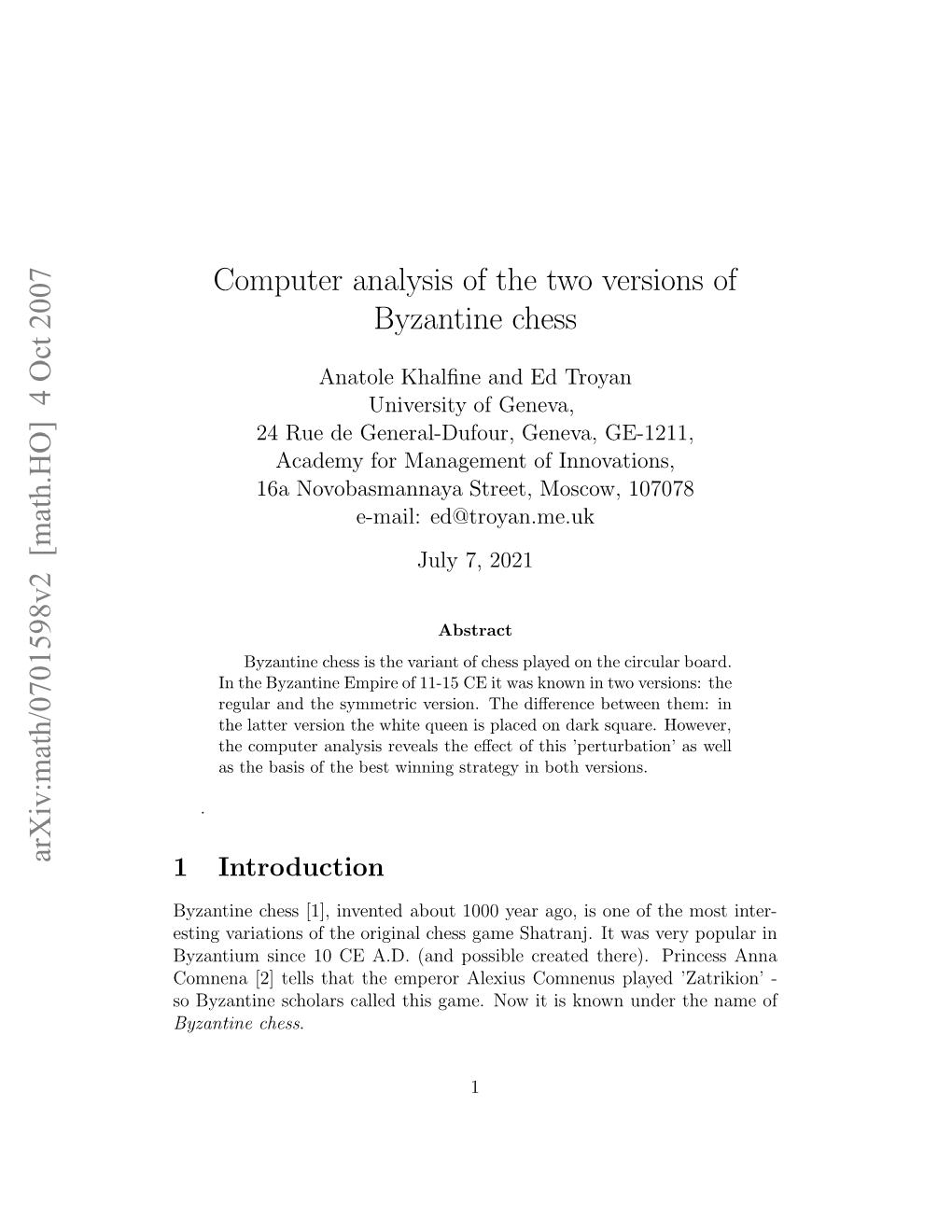 [Math.HO] 4 Oct 2007 Computer Analysis of the Two Versions