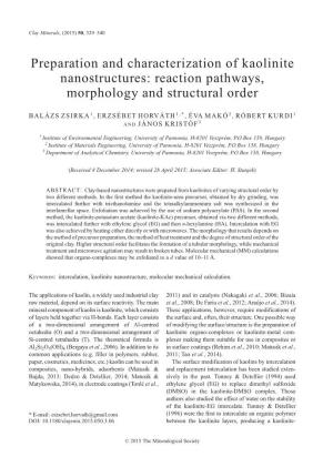 Preparation and Characterization of Kaolinite Nanostructures: Reaction Pathways, Morphology and Structural Order