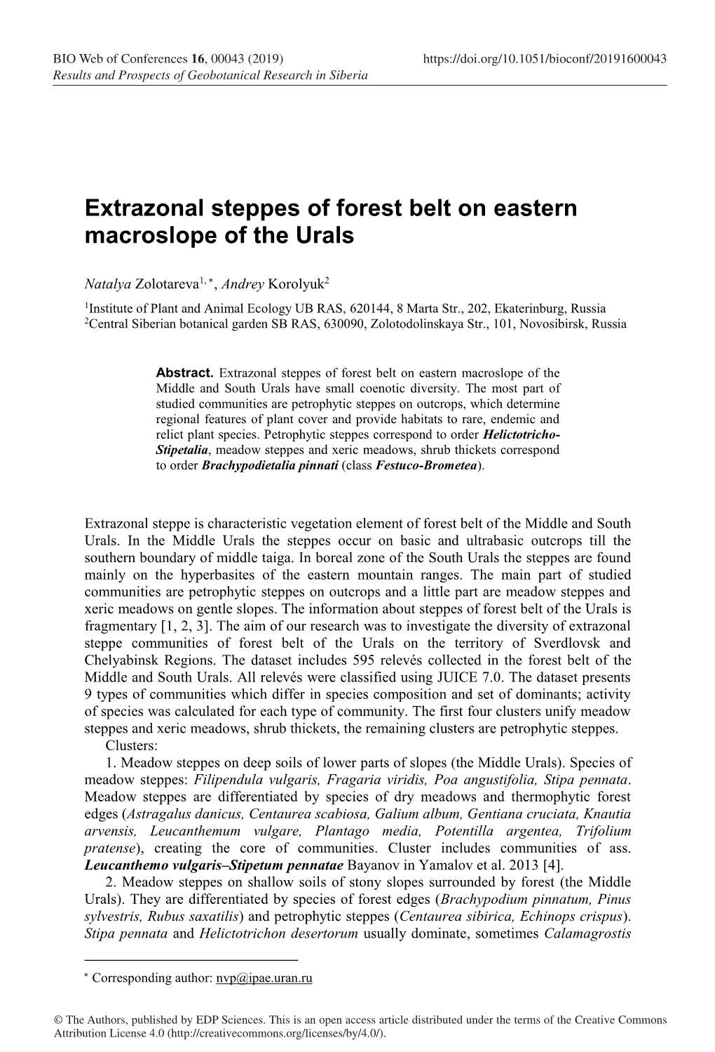 Extrazonal Steppes of Forest Belt on Eastern Macroslope of the Urals