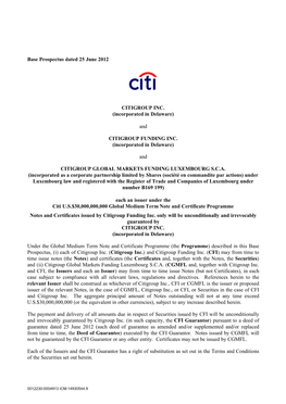 Base Prospectus Dated 25 June 2012 CITIGROUP INC. (Incorporated In