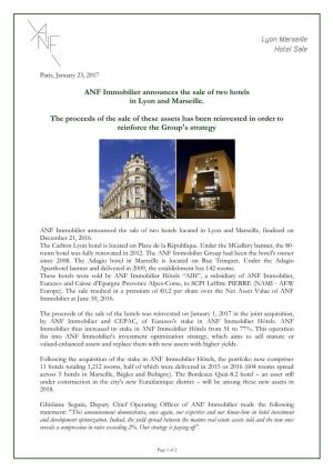 Lyon Marseille Hotel Sale ANF Immobilier Announces the Sale Of