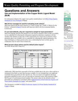 Use and Implementation of the Copper Biotic Ligand Model (BLM)
