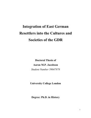 Integration of East German Resettlers Into the Cultures and Societies of the GDR