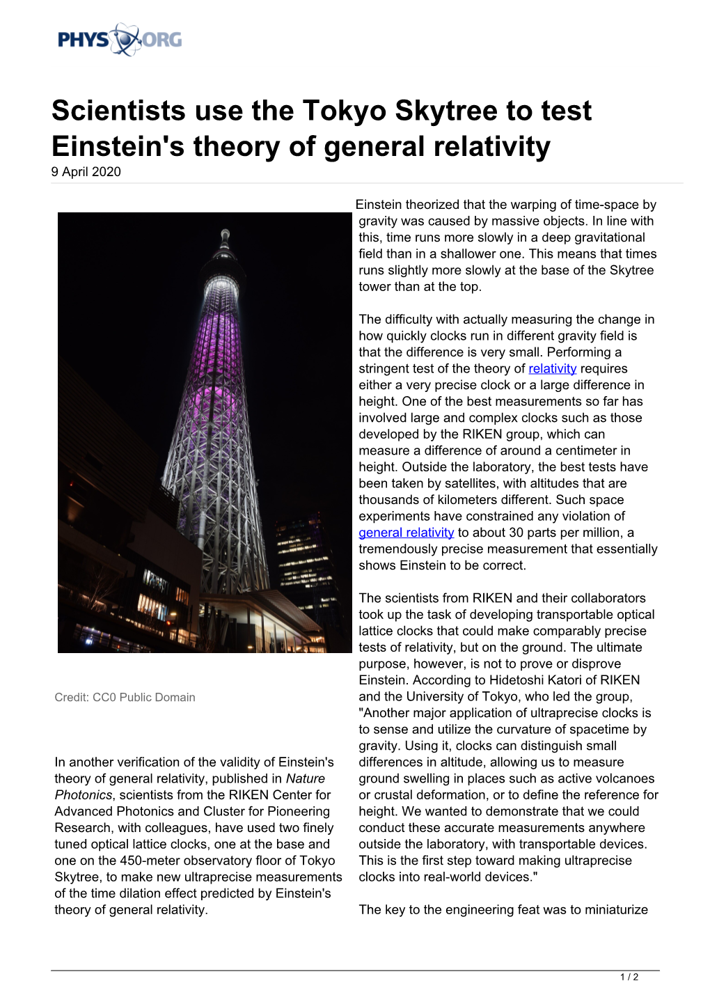 Scientists Use the Tokyo Skytree to Test Einstein's Theory of General Relativity 9 April 2020