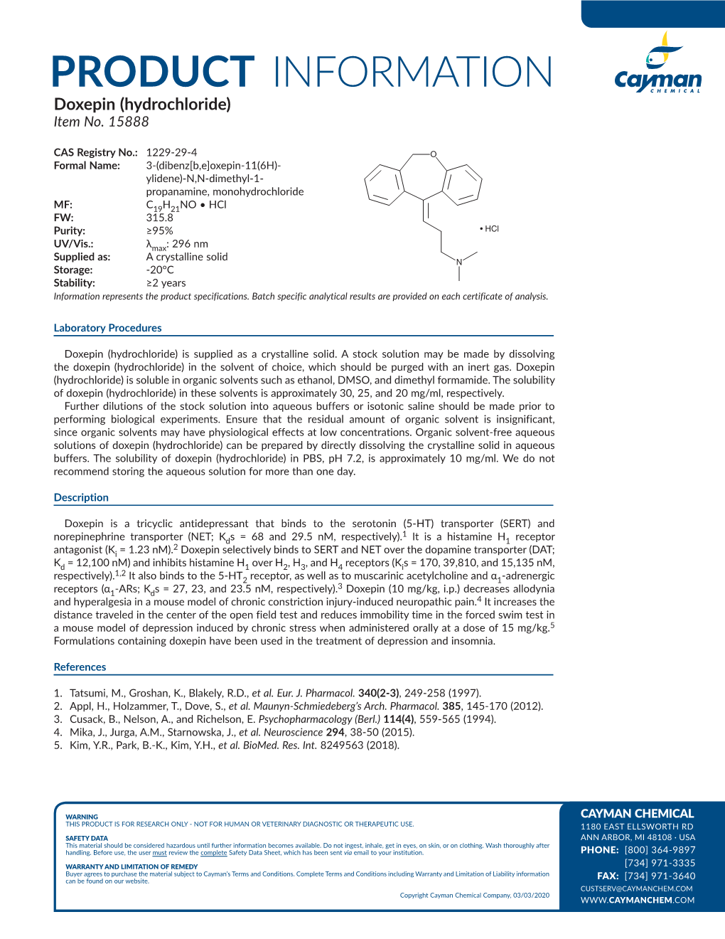 PRODUCT INFORMATION Doxepin (Hydrochloride) Item No