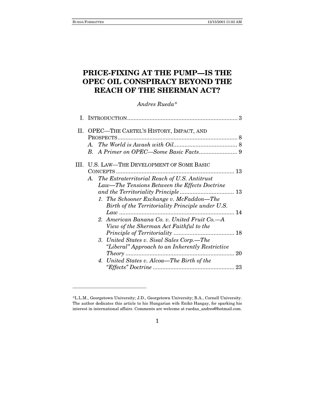 Price-Fixing at the Pump—Is the Opec Oil Conspiracy Beyond the Reach of the Sherman Act?